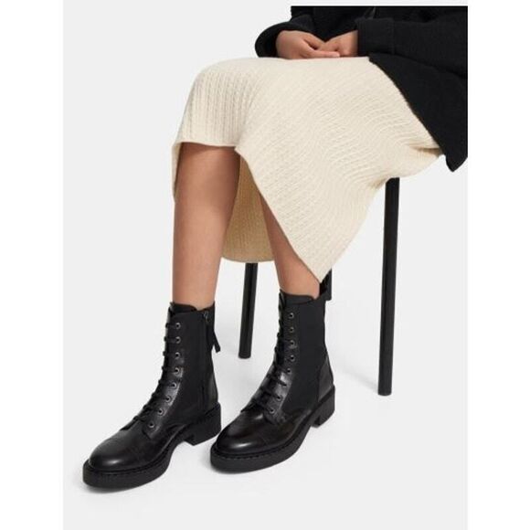 Theory Women's Laced Boot Combat Nylon Leather Booites Black NIB 598 Sz 40 - Picture 2 of 16